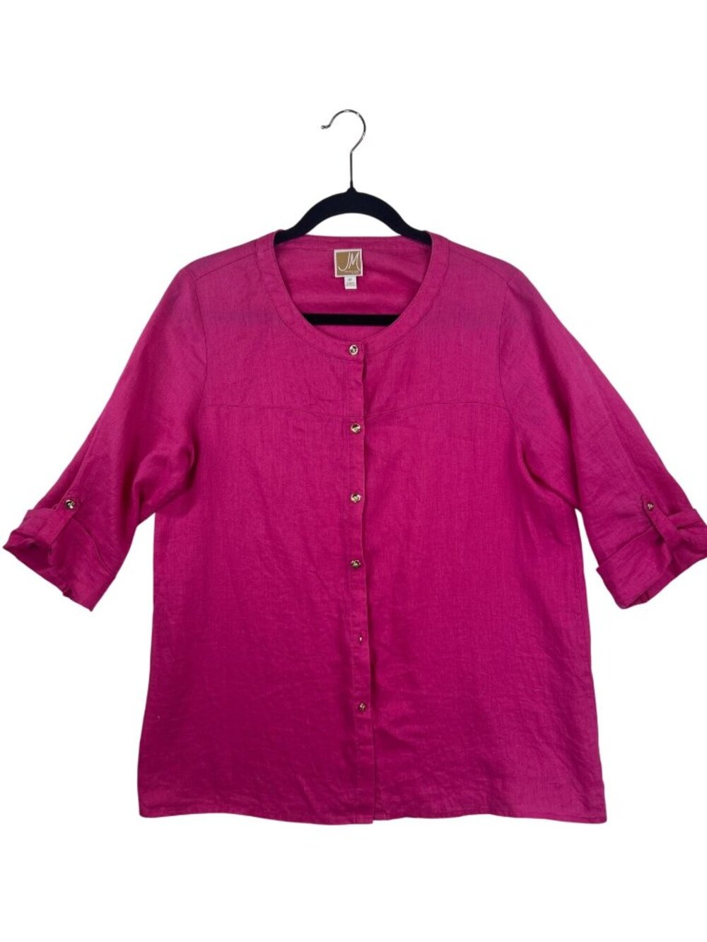 JM Collection Fuchsia Blouse Linen Top Women 8P Button Up 3/4 Roll-tab Sleeve